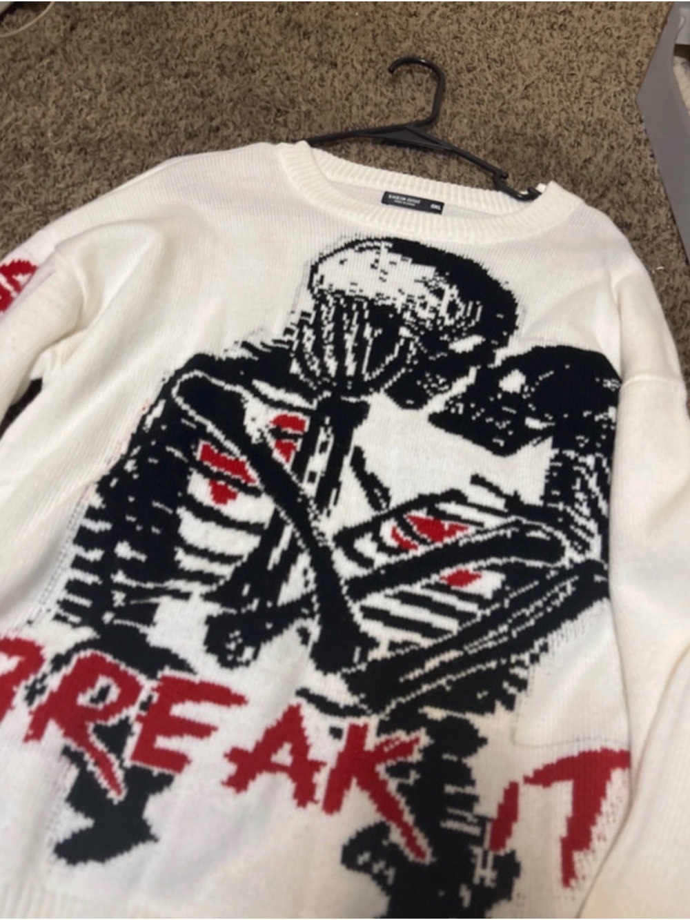 SHEIN White Graphic Skeleton Crewneck Sweater with Black and Red Accents